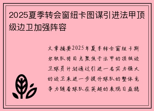 2025夏季转会窗纽卡图谋引进法甲顶级边卫加强阵容 2025夏季转会窗纽卡图谋引进法甲顶级边卫加强阵容