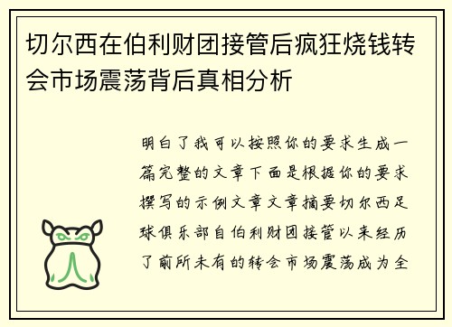 切尔西在伯利财团接管后疯狂烧钱转会市场震荡背后真相分析 切尔西在伯利财团接管后疯狂烧钱转会市场震荡背后真相分析